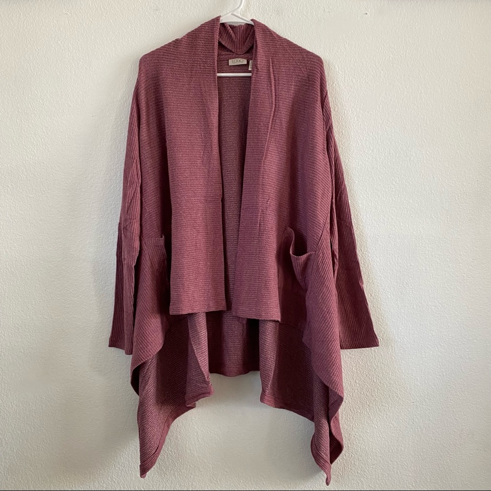 LOGO Lori Goldstein Cardigan Sweater Size S or M Asymmetric Hem Pockets Ribbed